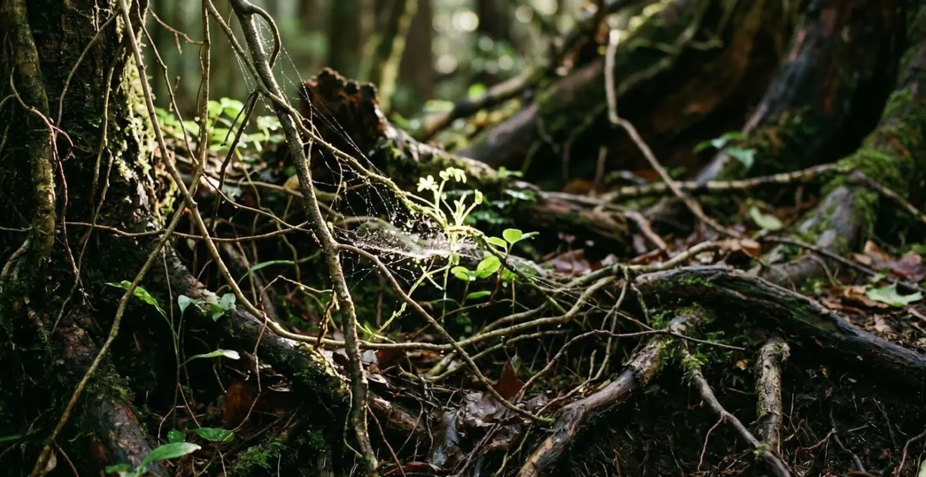 Représentation symbolique de la neuroplasticité à travers des éléments naturels interconnectés