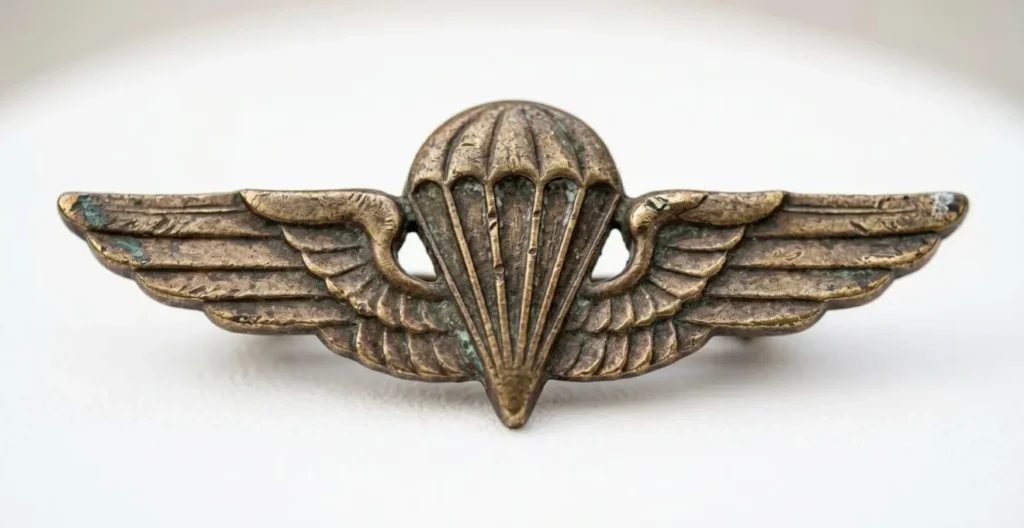 Gros plan macro sur un insigne métallique authentique de parachutiste américain exposé sur fond neutre avec éclairage muséal doux Gros plan macro sur un insigne métallique authentique de parachutiste américain exposé sur fond neutre avec éclairage muséal doux
