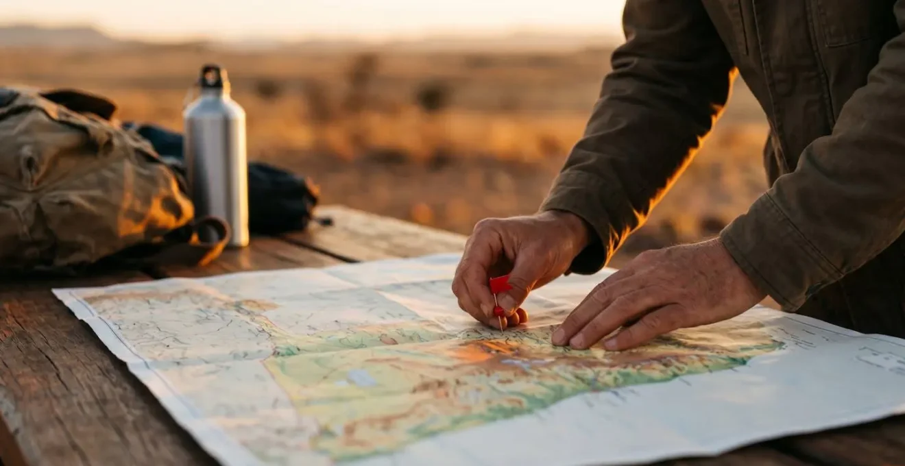 Mains positionnant des repères sur une carte de la Namibie avec boussole et carnets de voyage