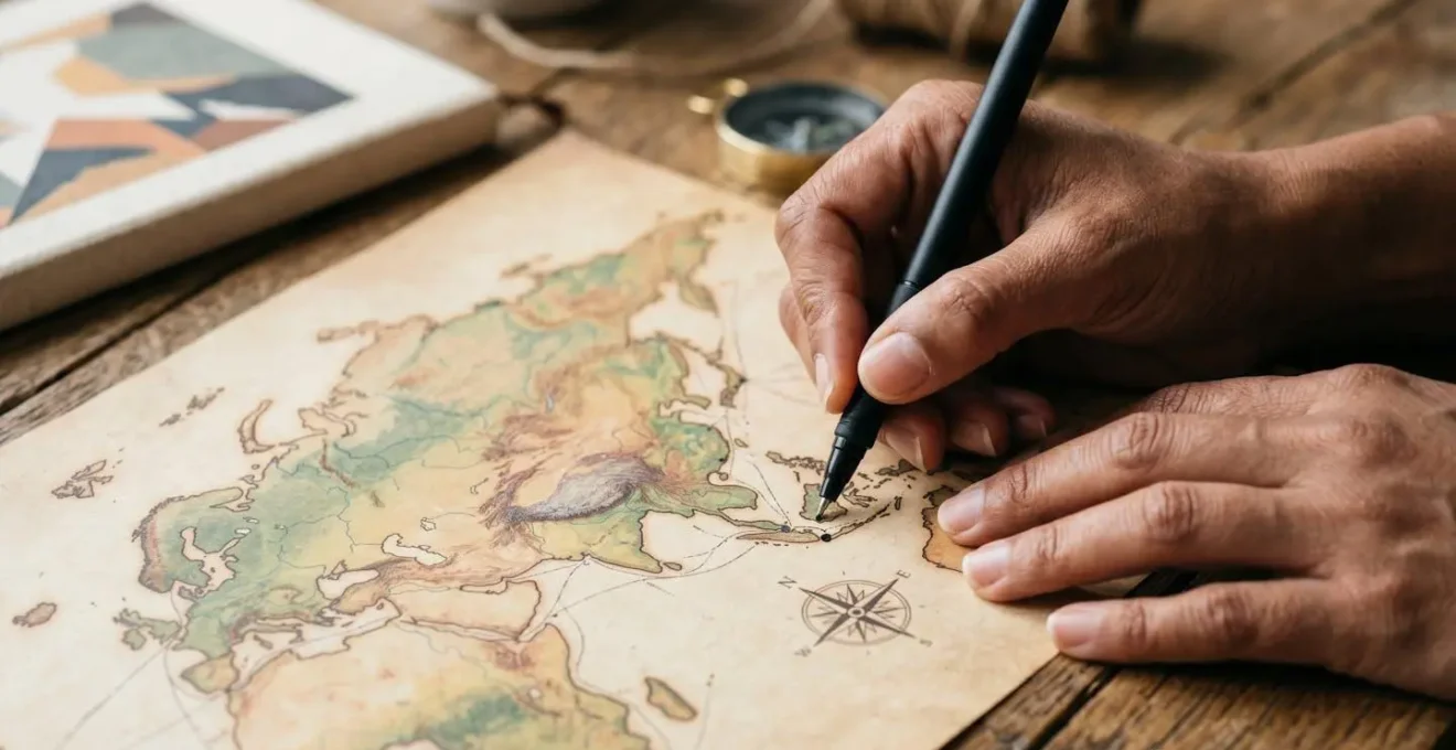 Préparation d'un itinéraire de tour du monde avec carnets et accessoires de voyage sur une table