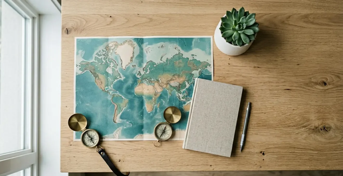 Vue aérienne d'une table de travail épurée avec une carte du monde dépliée, entourée d'objets de voyage disposés avec soin dans un espace minimaliste