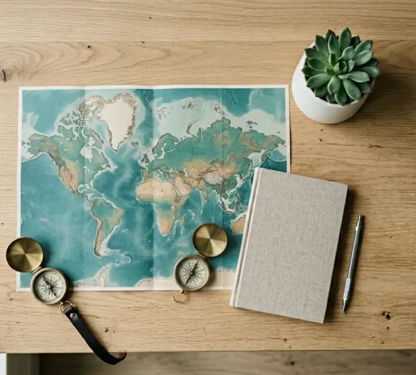Vue aérienne d'une table de travail épurée avec une carte du monde dépliée, entourée d'objets de voyage disposés avec soin dans un espace minimaliste