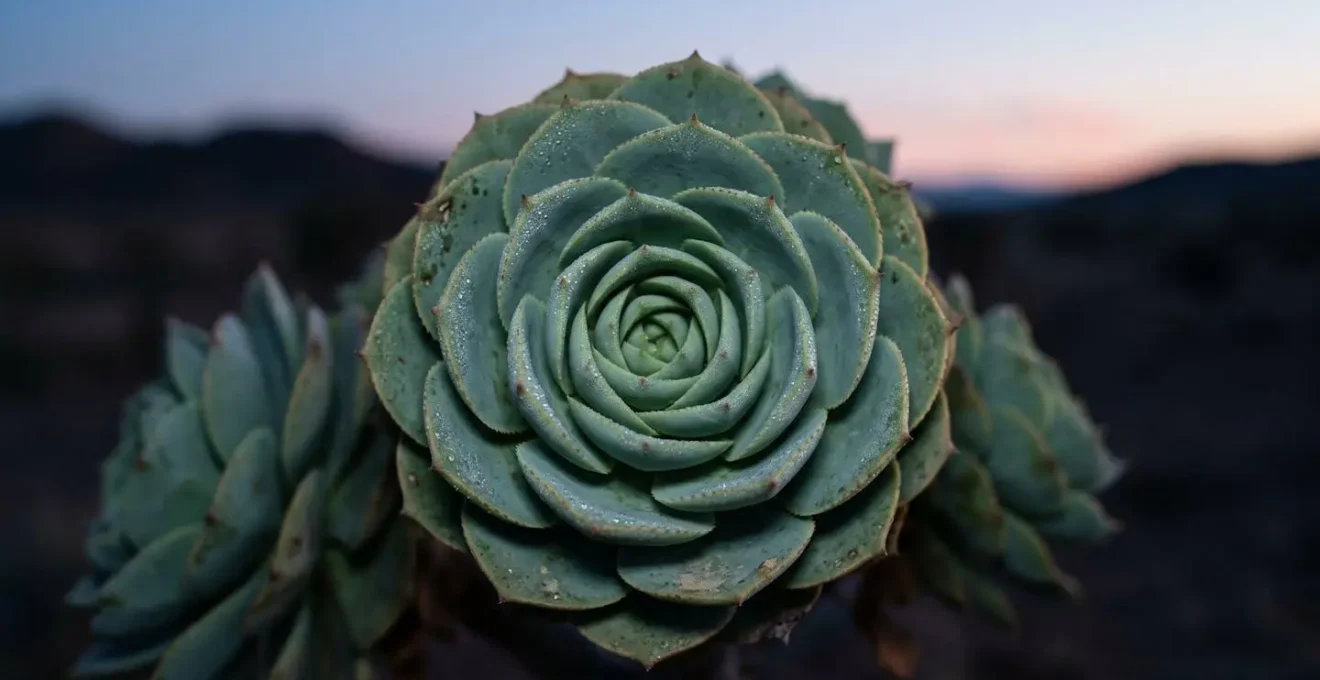 Rosette de feuilles succulentes bleu-vert d'un kokerboom captant la rosée nocturne du désert