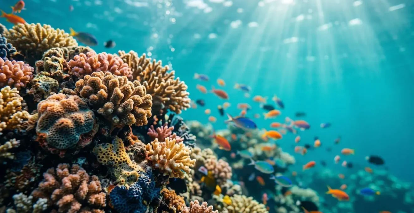 Vue sous-marine d'un récif corallien intact aux couleurs vibrantes avec banc de poissons tropicaux, incarnant les sanctuaires de plongée méconnus