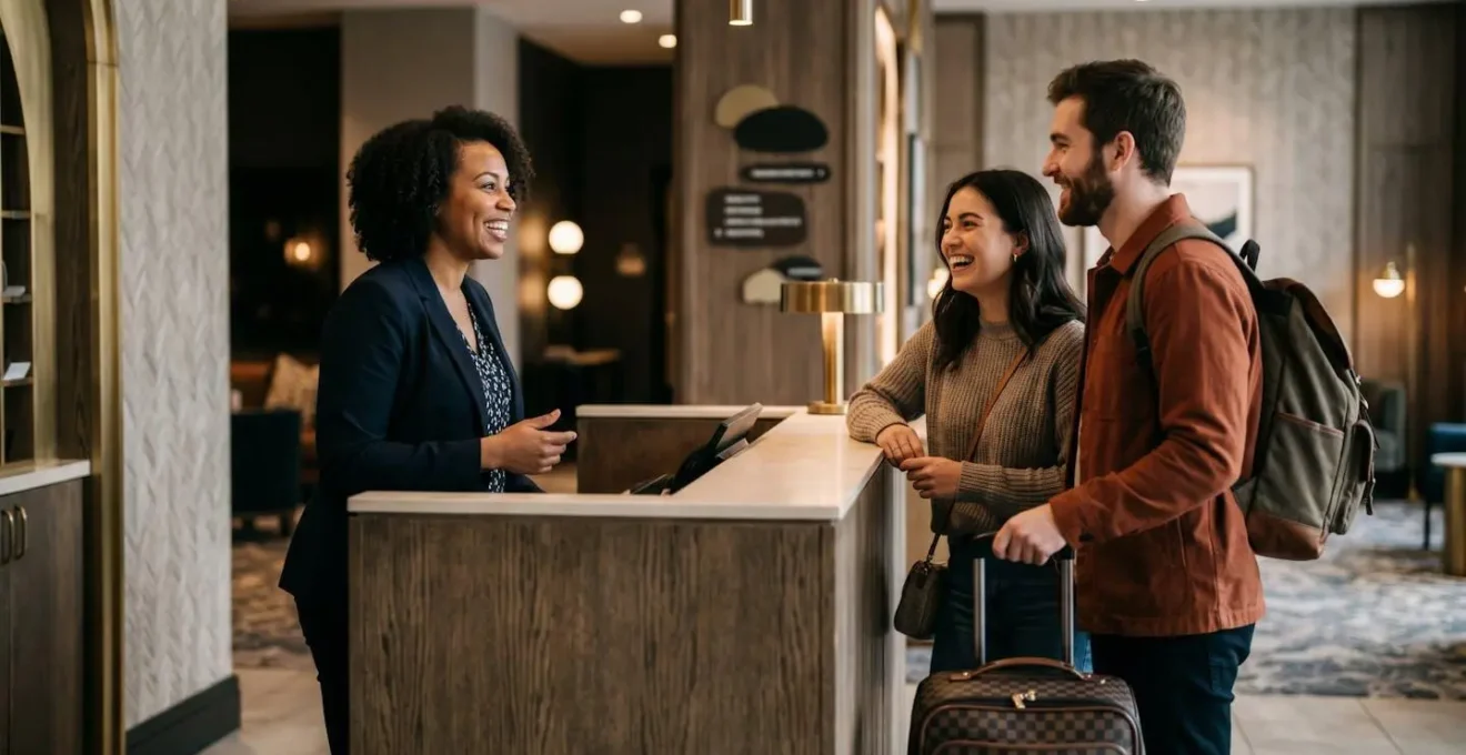 Réceptionniste d'hôtel souriant accueillant chaleureusement un couple à l'arrivée