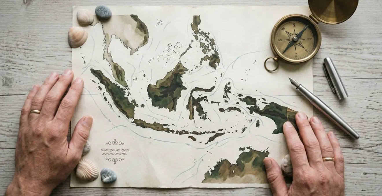 Mains tenant une carte papier vintage dépliée montrant des îles tropicales avec annotations manuscrites