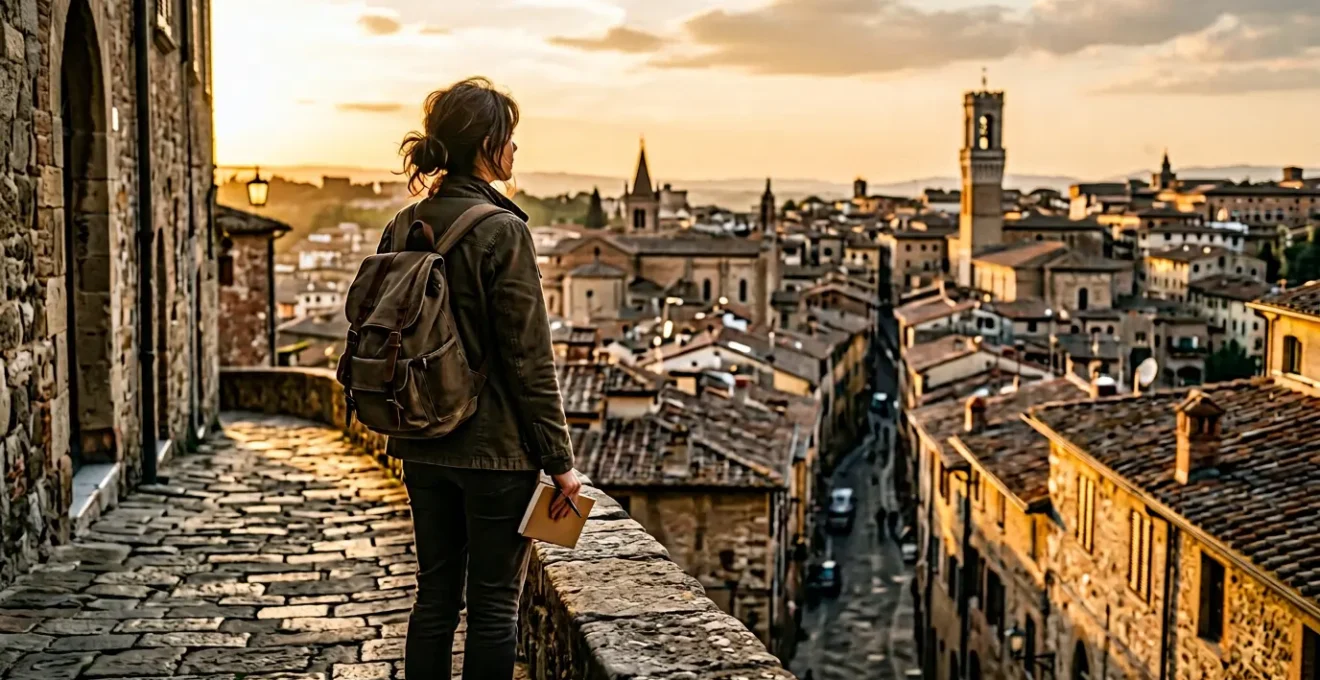 Voyageur contemplant un paysage urbain européen méconnu avec émerveillement