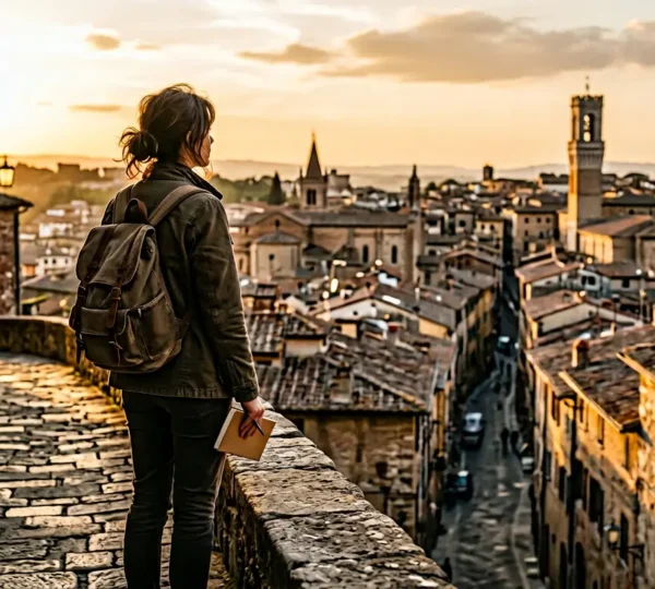 Voyageur contemplant un paysage urbain européen méconnu avec émerveillement