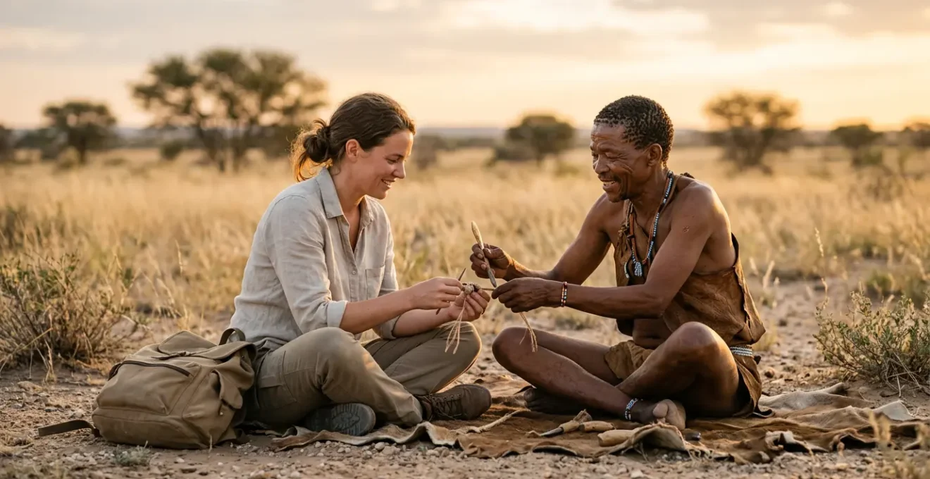 Rencontre interculturelle authentique entre voyageur et communauté San dans l'environnement naturel du Kalahari
