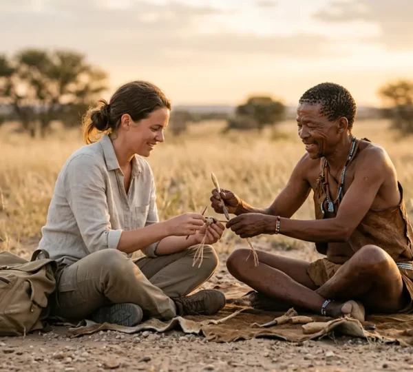 Rencontre interculturelle authentique entre voyageur et communauté San dans l'environnement naturel du Kalahari