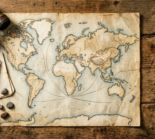 Une carte du monde stylisée avec des destinations émergentes mises en lumière, représentant l'exploration de nouveaux territoires touristiques