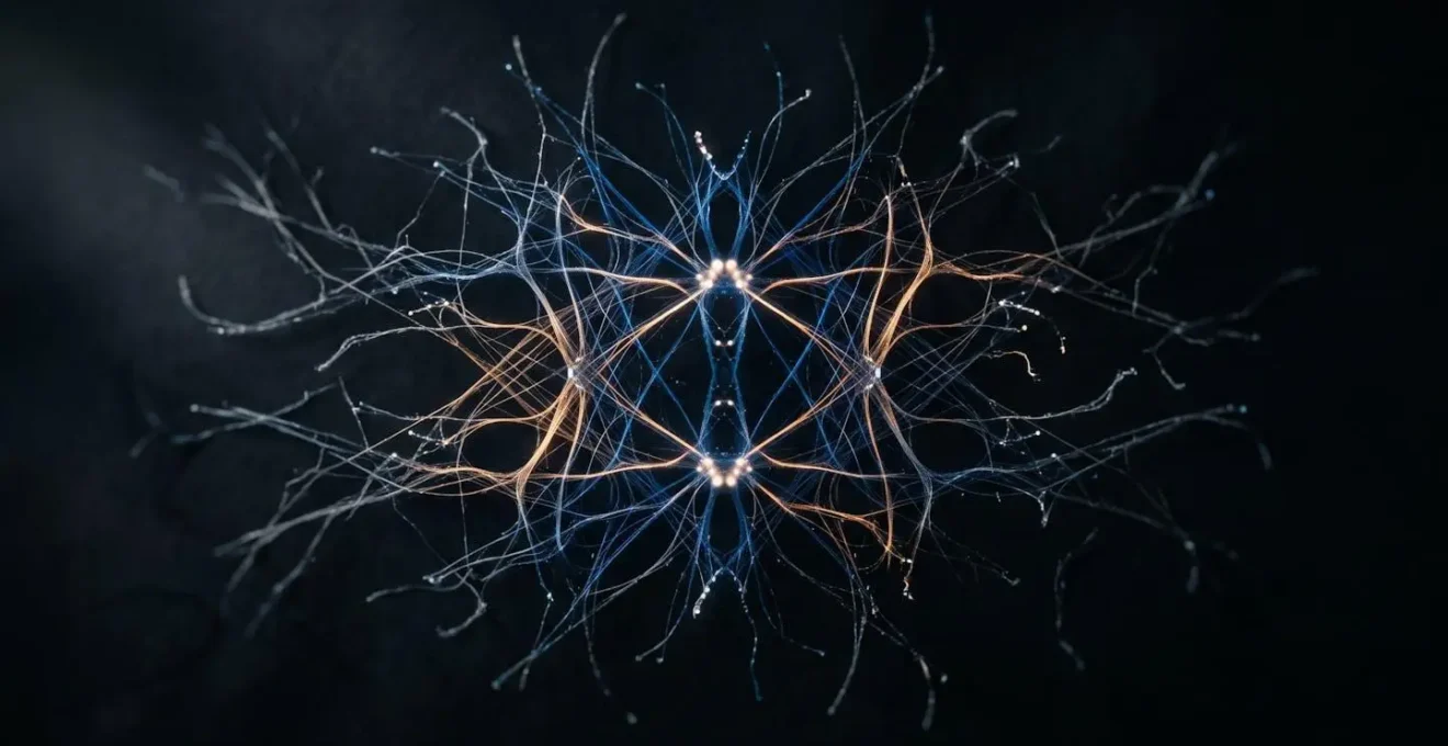 Réseau neuronal abstrait illustrant la fragmentation progressive des souvenirs épisodiques