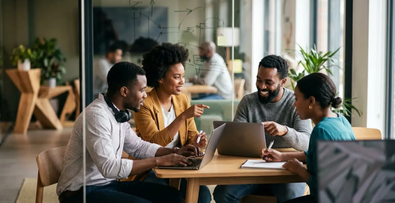 Espace de coworking moderne africain avec entrepreneurs collaborant sur projets technologiques innovants