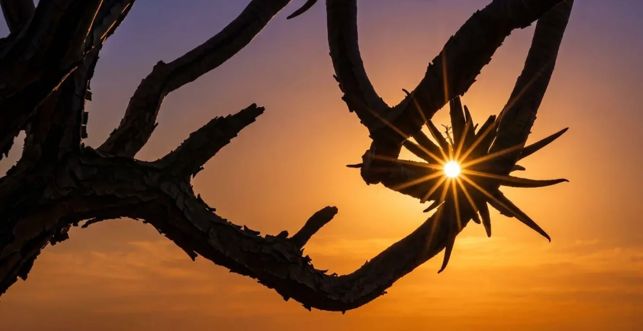 Effet starburst du soleil filtrant à travers les branches d'un arbre kokerboom au coucher du soleil