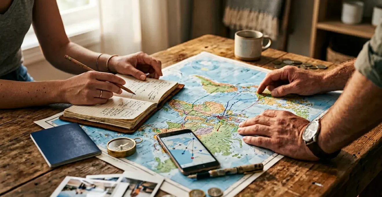 Voyageur organisant son itinéraire de tour du monde avec cartes et équipement de voyage