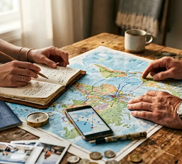Voyageur organisant son itinéraire de tour du monde avec cartes et équipement de voyage