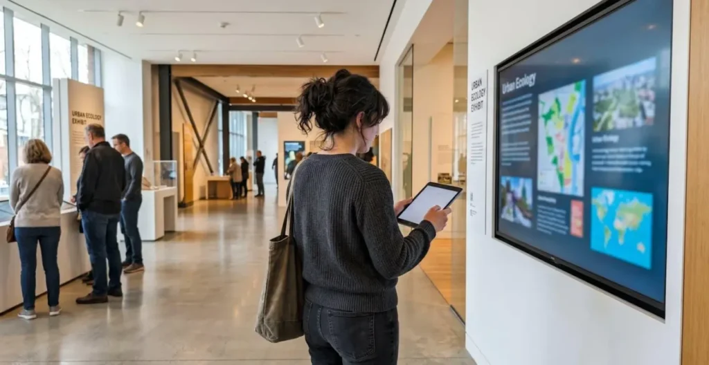 Visiteur vu de dos consultant une tablette numérique Histopad devant une exposition à l'intérieur de l'Airborne Museum dans un espace lumineux et moderne Visiteur vu de dos consultant une tablette numérique Histopad devant une exposition à l'intérieur de l'Airborne Museum dans un espace lumineux et moderne