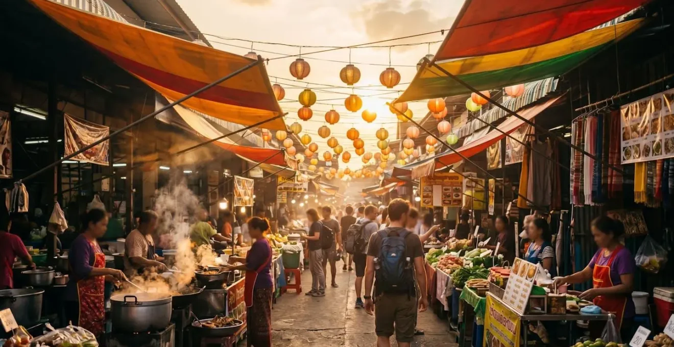 Scène de marché local asiatique avec cuisine de rue authentique