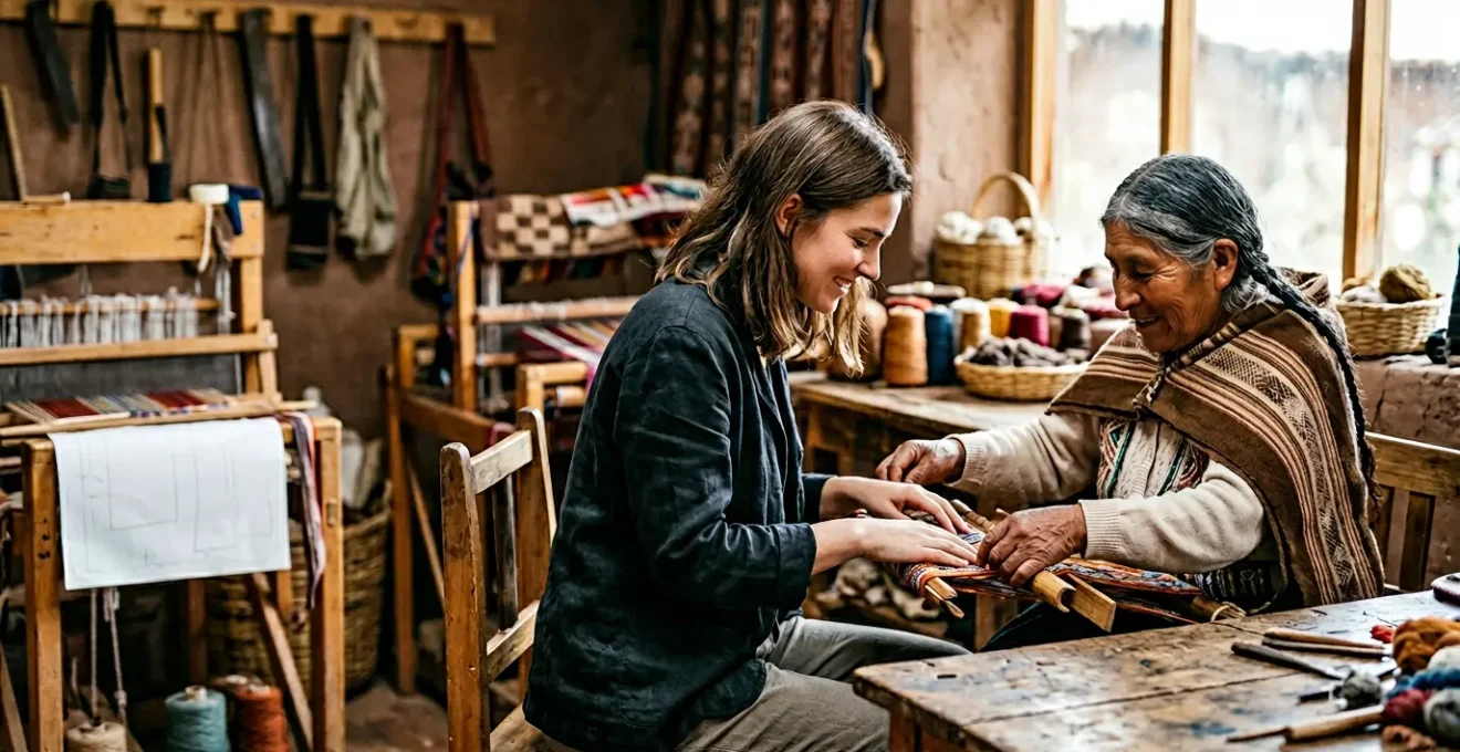 Rencontre authentique entre voyageur et artisan local dans un atelier traditionnel, symbolisant l'échange culturel respectueux