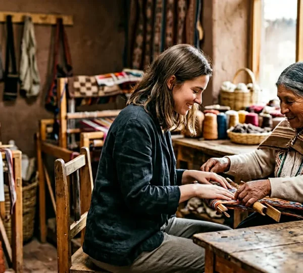 Rencontre authentique entre voyageur et artisan local dans un atelier traditionnel, symbolisant l'échange culturel respectueux