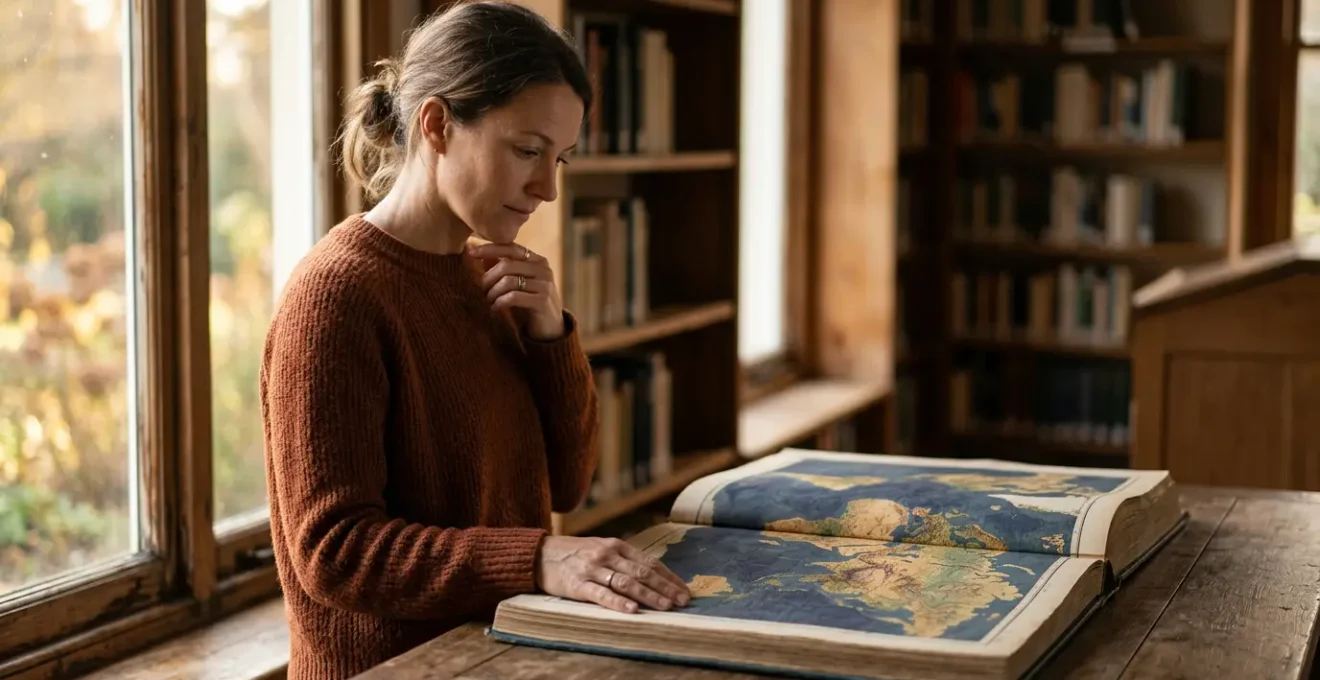Voyageur contemplatif étudiant une carte ancienne à la lumière naturelle d'une fenêtre dans une ambiance introspective