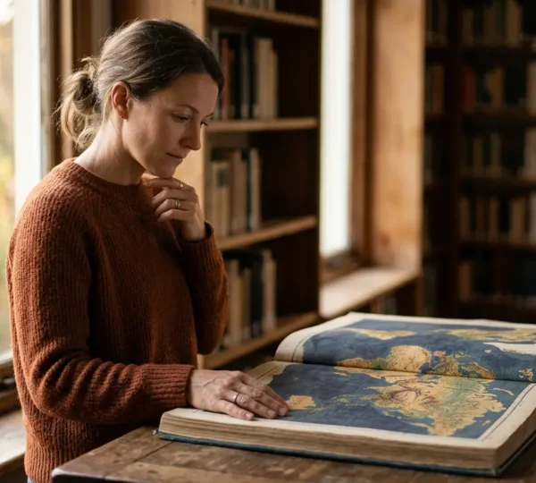 Voyageur contemplatif étudiant une carte ancienne à la lumière naturelle d'une fenêtre dans une ambiance introspective