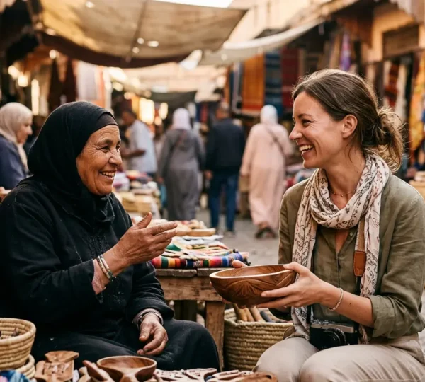 Voyageur respectueux explorant un marché local authentique en interaction avec les habitants