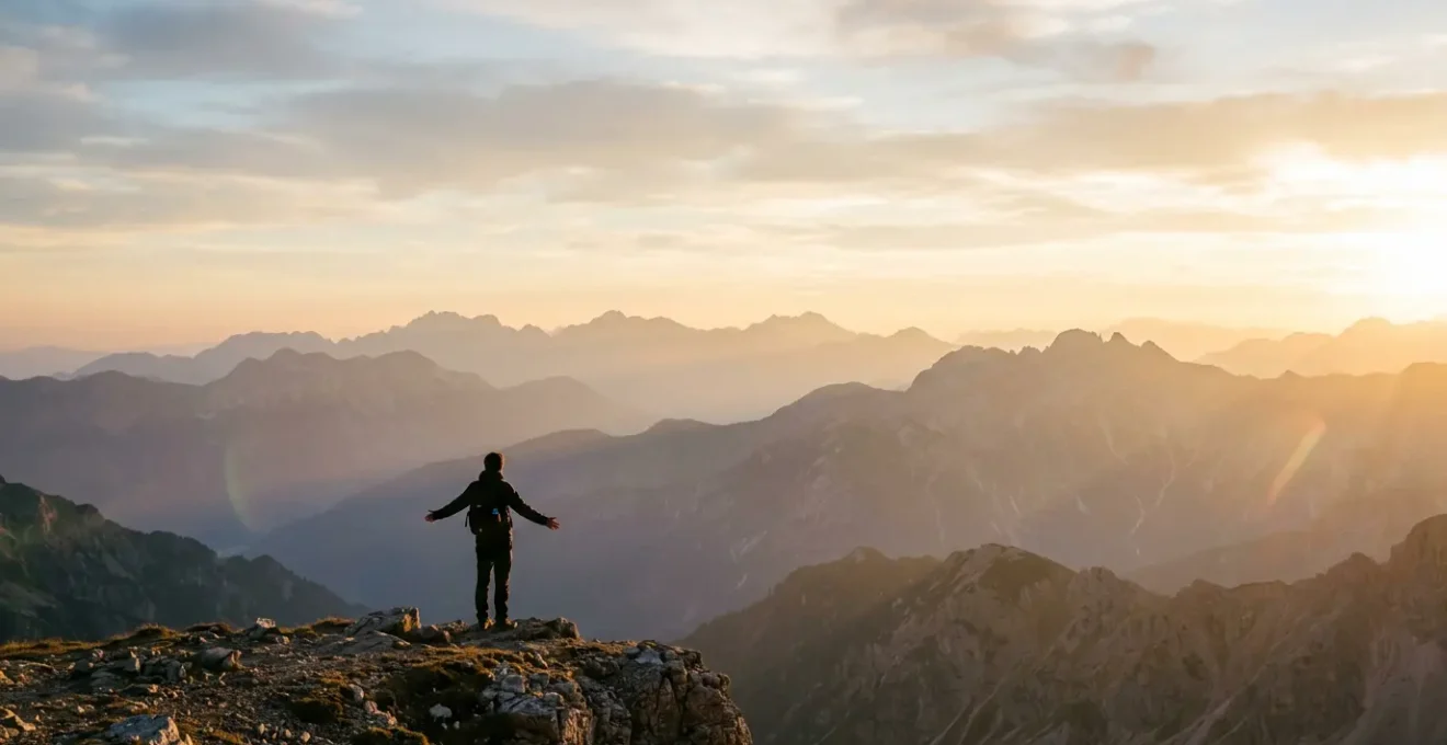 Voyageur contemplant un paysage de montagne au lever du soleil dans une posture méditative