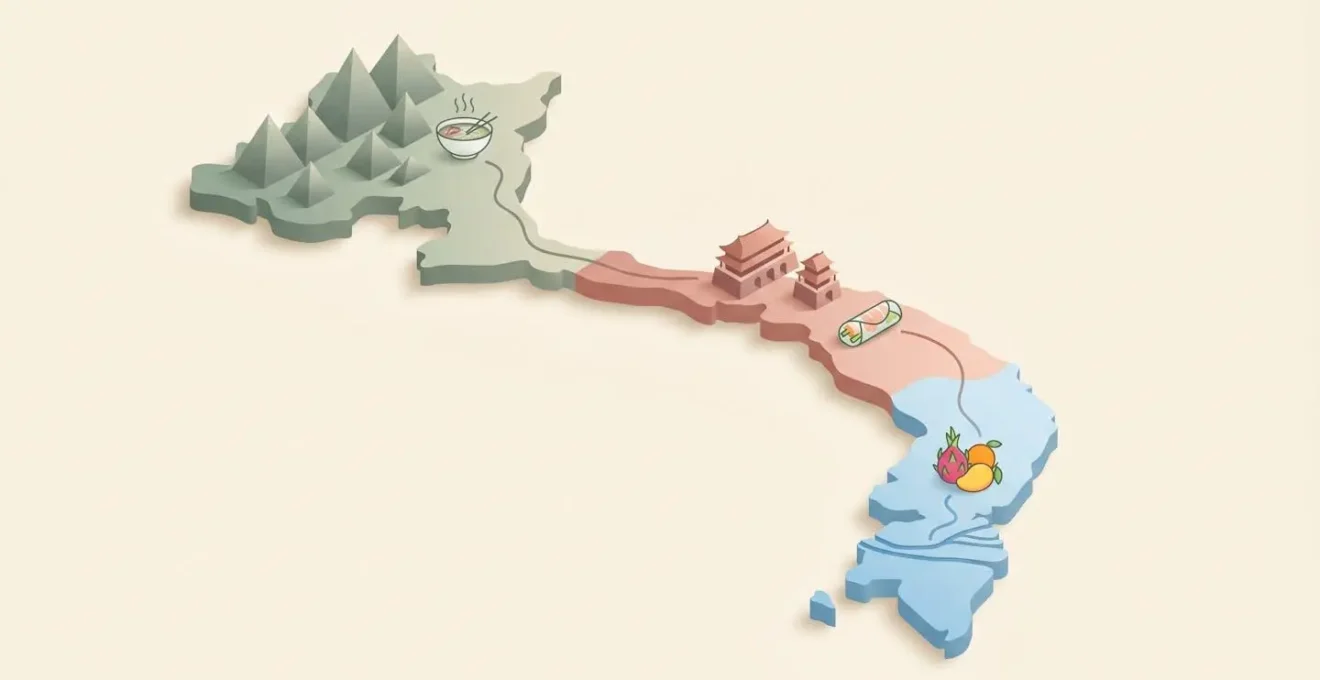 Carte 3D isométrique stylisée du Vietnam divisée en trois régions avec icônes culinaires : bol de Phở au Nord, rouleau impérial au Centre, fruits tropicaux au Sud