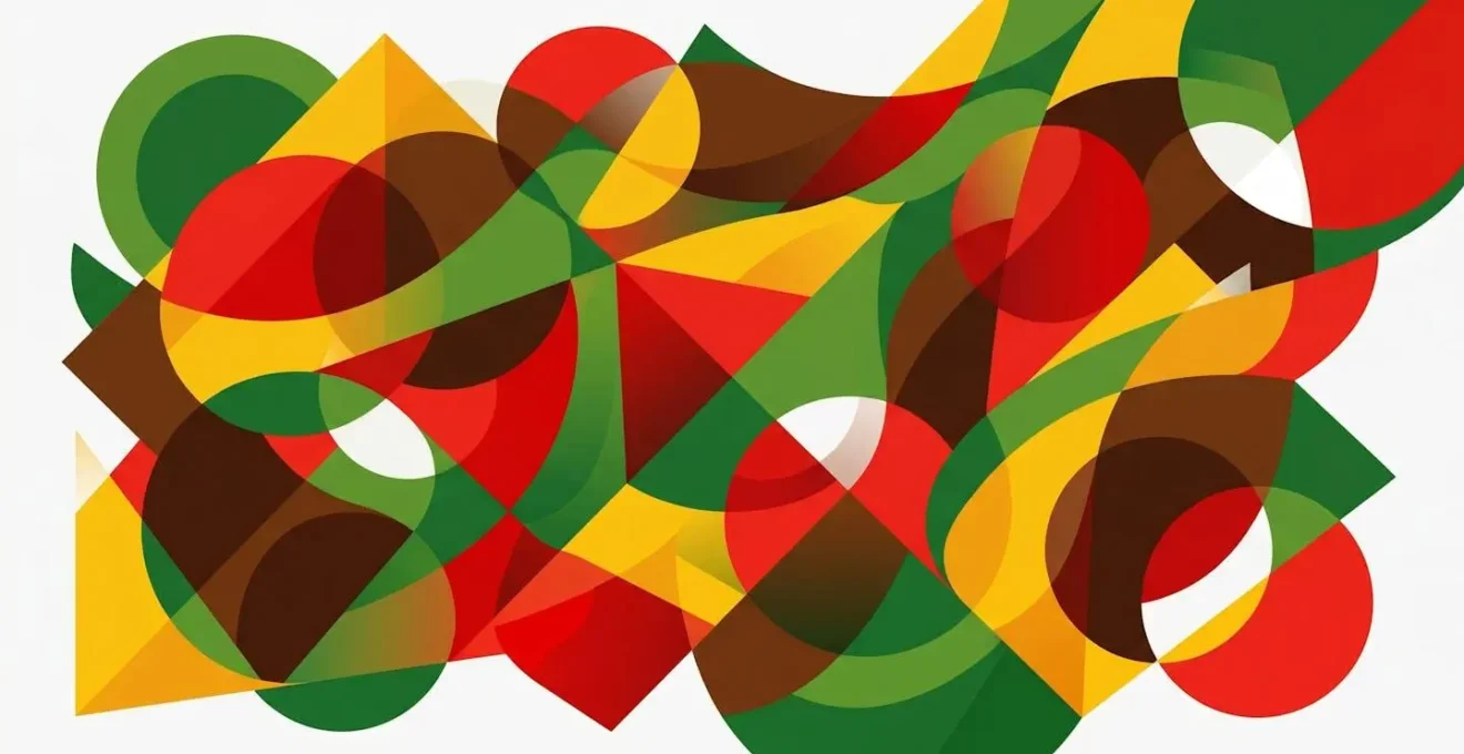 Composition abstraite de formes géométriques colorées superposées évoquant les cinq saveurs de la cuisine vietnamienne : vert basilic, rouge piment, jaune curcuma, brun sauce, blanc riz