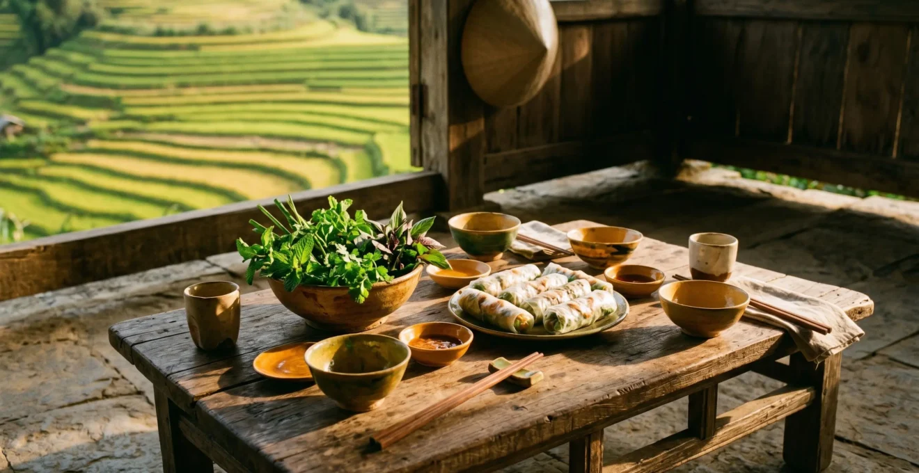 Vue aérienne d'une table en bois avec bols de céramique remplis d'herbes aromatiques fraîches et galettes de riz, lumière dorée traversant une fenêtre donnant sur des rizières en terrasses