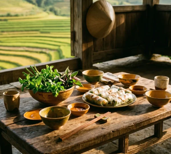 Vue aérienne d'une table en bois avec bols de céramique remplis d'herbes aromatiques fraîches et galettes de riz, lumière dorée traversant une fenêtre donnant sur des rizières en terrasses